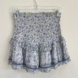 Saylor Smocked Floral Mini Ruffle Skirt Blue Size Small